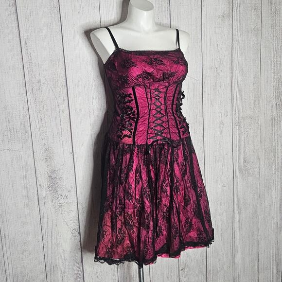 Vintage 90s y2k Pink with Black Lace Overlay & Corset Ties - Picture 1 of 7